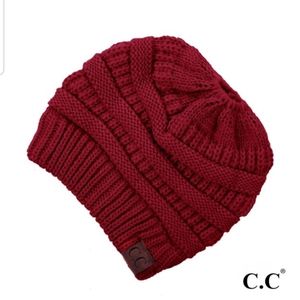 C.C.Beanie Messy Bun/Ponytail Beanie Red